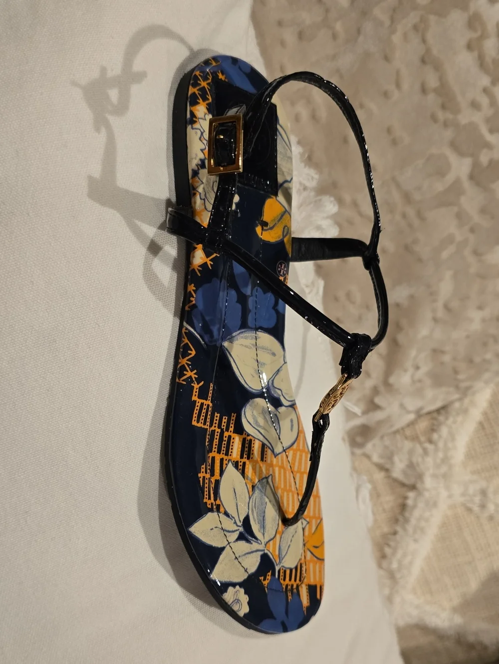 Tory Burch Navy, Orange & Cream Floral Patent T-Strap Sandals